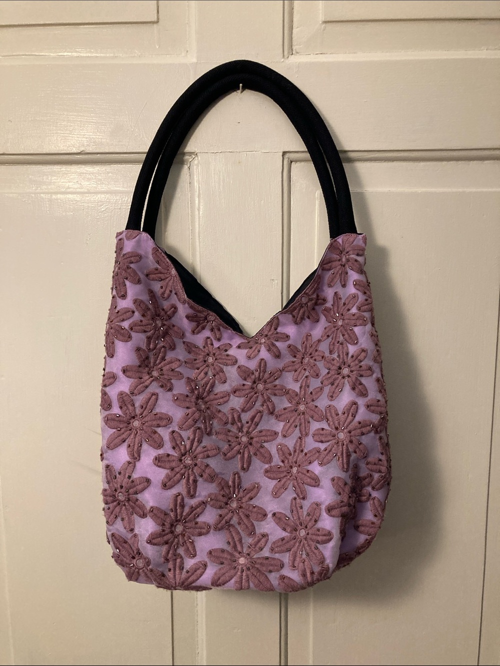 Embellished Lavender Floral Tote Bag with Black Handles